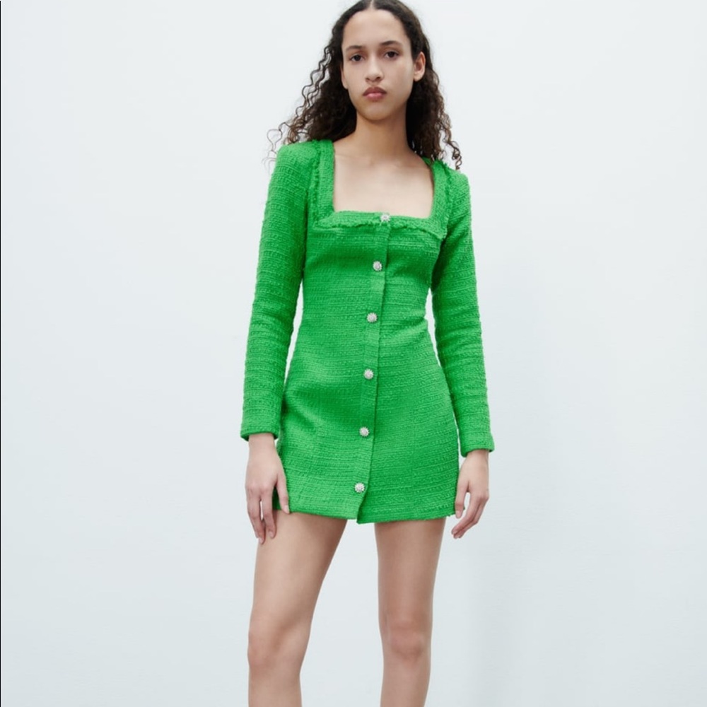 Zara NWT Green Textured Weave Dress with Jewel Buttons